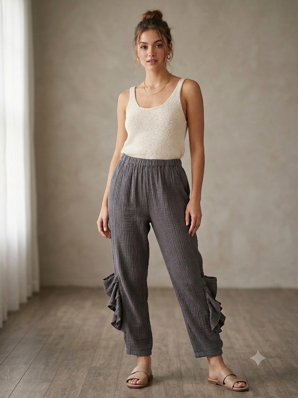 Oh My Gauze Slim Rusch Leg Cargo Pant Victoria Crinkle Grey 1